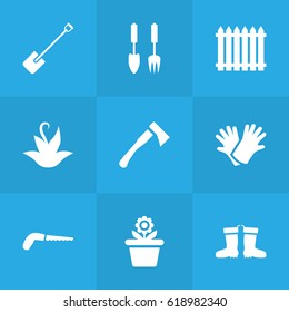 Set Of 9 Farm Icons Set.Collection Of Latex, Tools, Axe And Other Elements.