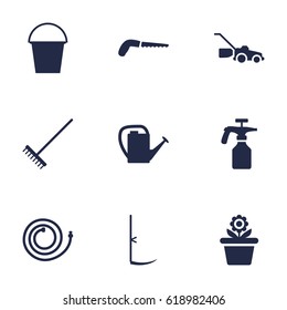Set Of 9 Farm Icons Set.Collection Of Rake, Spray Bootle, Watering Can And Other Elements.