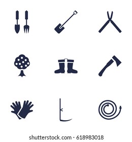 Set Of 9 Farm Icons Set.Collection Of Cutter, Garden, Tools And Other Elements.