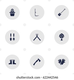 Set Of 9 Farm Icons Set.Collection Of Cutter, Garden, Shovel And Other Elements.
