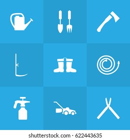 Set Of 9 Farm Icons Set.Collection Of Tools, Scissors, Lawn Mower And Other Elements.