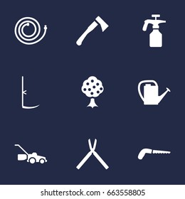 Set Of 9 Farm Icons Set.Collection Of Garden, Hacksaw, Watering Can And Other Elements.