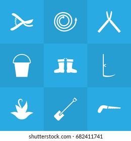 Set Of 9 Farm Icons Set.Collection Of Garden Hose, Rubber Boots, Bucket And Other Elements.