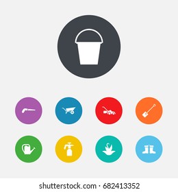 Set Of 9 Farm Icons Set.Collection Of Watering Can, Shovel, Wheelbarrow And Other Elements.
