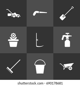 Set Of 9 Farm Icons Set.Collection Of Shovel, Cutter, Lawn Mower And Other Elements.