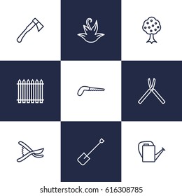 Set Of 9 Farm Outline Icons Set.Collection Of Garden, Palisade, Bailer And Other Elements.