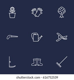 Set Of 9 Farm Outline Icons Set.Collection Of Waterproof Shoes, Plant Pot, Bailer And Other Elements.