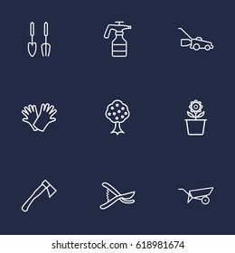 Set Of 9 Farm Outline Icons Set.Collection Of Barrow, Hatchet, Secateurs And Other Elements.