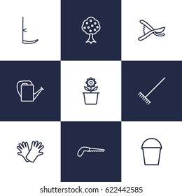 Set Of 9 Farm Outline Icons Set.Collection Of Pail, Garden, Arm-Cutter And Other Elements.