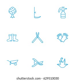 Set Of 9 Farm Outline Icons Set.Collection Of Herb, Barrow, Scythe And Other Elements.