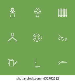 Set Of 9 Farm Outline Icons Set.Collection Of Garden, Shears, Arm-Cutter And Other Elements.