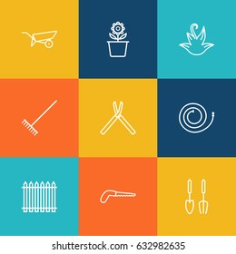 Set Of 9 Farm Outline Icons Set.Collection Of Harrow, Firehose, Barrow And Other Elements.
