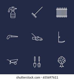 Set Of 9 Farm Outline Icons Set.Collection Of Instruments, Arm-Cutter, Atomizer And Other Elements.
