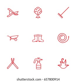 Set Of 9 Farm Outline Icons Set.Collection Of Waterproof Shoes, Garden, Barrow And Other Elements.