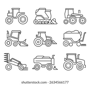 Set of 9 Farm Tractors and Harvesting Machines Line Art Icons  Agricultural Equipment Vector