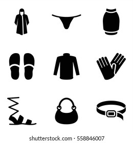 Set of 9 Fashion Filled icons such as overcoat, slippers, sandals, female underwear, sweater, bag, skirt, gloves, belt