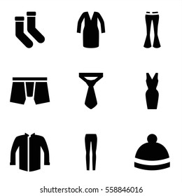 Set of 9 Fashion Filled icons such as socks, man underwear, jacket, dress, tie, woman pants, winter hat