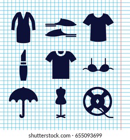 Set of 9 fashion filled icons such as umbrella, lipstick, mannequin, slippers, bra, t-shirt, dress, film tape