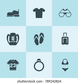 Set of 9 fashion filled icons such as boot, glasses, ring, t shirt, swimsuit, t-shirt, backpack, luggage