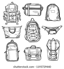 Set of 9 fashion men's bags and unisex backpacks sketches: classic backpack, cross body bag, bum bag, drawstring backpack, shopper bag, leather satchel, case, messenger bag. Vector isolated sketches