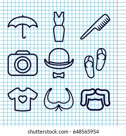 Set of 9 fashion outline icons such as comb, man hairstyle, bra, flip flops, dress, t-shirt with heart, hat and moustache, camera