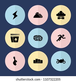 Set of 9 fast filled icons such as rabbit, pizza, cargo plane back view, motorbike, running, flash, taco, chinese fast food