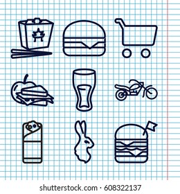 Set of 9 fast outline icons such as rabbit, drink, chinese fast food, double burger with flag, cheeseburger, burrito, sandwich and apple, motorcycle