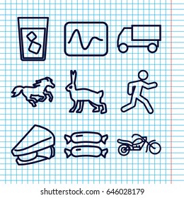 Set of 9 fast outline icons such as horse, rabbit, sausage, truck, drink, sandwich, running, motorcycle