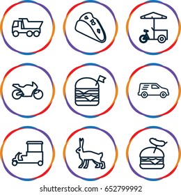 Set of 9 fast outline icons such as rabbit, truck, taco fast food.