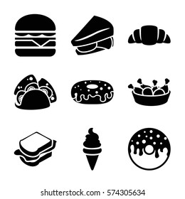 Set of 9 Fastfood filled icons such as ice cream, taco, donut, sandwich, chicken leg, cheeseburger, croissant