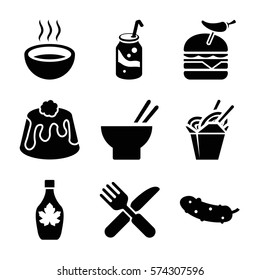 Set of 9 Fastfood filled icons such as soda, chinese fast food, asian food, maple syrup, cucumber, burger with pepper, pie, fork and knife, soup