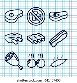 Set of 9 fat outline icons such as sausage, beef, bacon, meat