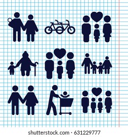 Set of 9 father filled icons such as family, couple with newborn, old woman and child, family bicycle