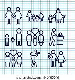 Set of 9 father outline icons such as son and father, family, couple with newborn