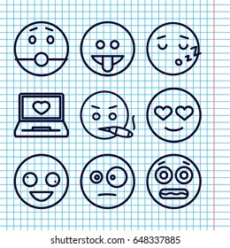 Set of 9 feeling outline icons such as laptop with heart, crazy emot, emot in love