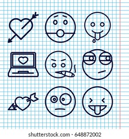 Set of 9 feeling outline icons such as laptop with heart, heart with arrow, surprised emot, smoking emot, showing tongue emot, emoji showing tongue