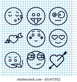 Set of 9 feeling outline icons such as heart with arrow, emot in love, shy emoji, surprised emot
