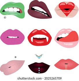 Set of 9 female lips, lipstick, piercing