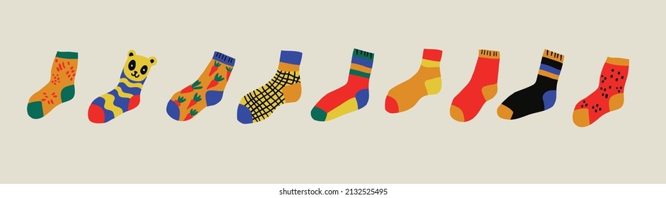 Conjunto de 9 calcetines femeninos o masculinos. Fresca varias impresiones. Ropa interior elegante. Accesorios de moda. Calzado. Ilustración de moda de color vectorial dibujada a mano. Diseño plano