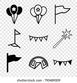 Set of 9 festival filled and outline icons such as flag, party flag, balloon, tent