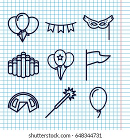 Set of 9 festival outline icons such as sparklers, harmonica, party flag, balloon, mask, flag