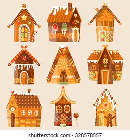 Set of 9 festive gingerbread houses. Christmas tradition. Vector illustration