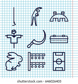 Set of 9 field outline icons such as rabbit, barn, scarecrow, exercising, hoe, scythe, irrigation system