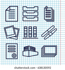 Set of 9 file outline icons such as photos, sawing, document, paper, documents box, table box, photo