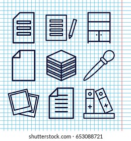 Set of 9 file outline icons such as nail sawing, binder, paper, cupboard, photo, document