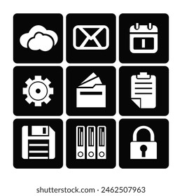 Set of 9 files vector web and mobile icons in flat design. Documents, notepad, catalog, save, locked, setup, clouds, page.