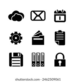 Set of 9 files vector web and mobile icons in flat design. Documents, notepad, catalog, save, locked, setup, clouds, page.