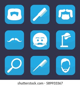 Set of 9 filled barber icons such as comb, mustache, mirror, salon hair dryer, man hairstyle