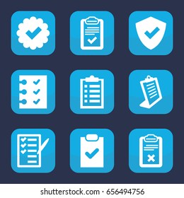 Set of 9 filled checkmark icons such as clipboard, check list