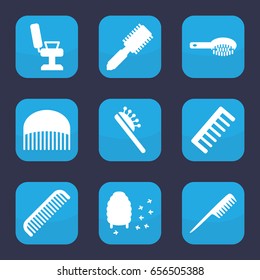 Set of 9 filled comb icons such as comb, hair brush, barber chair